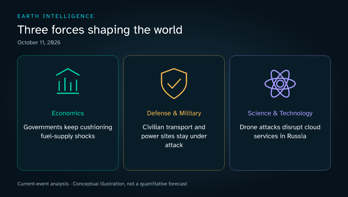Three current themes: Governments keep cushioning fuel-supply shocks; Civilian transport and power sites stay under attack; Drone attacks disrupt cloud services in Russia. Conceptual illustration, not a data chart.