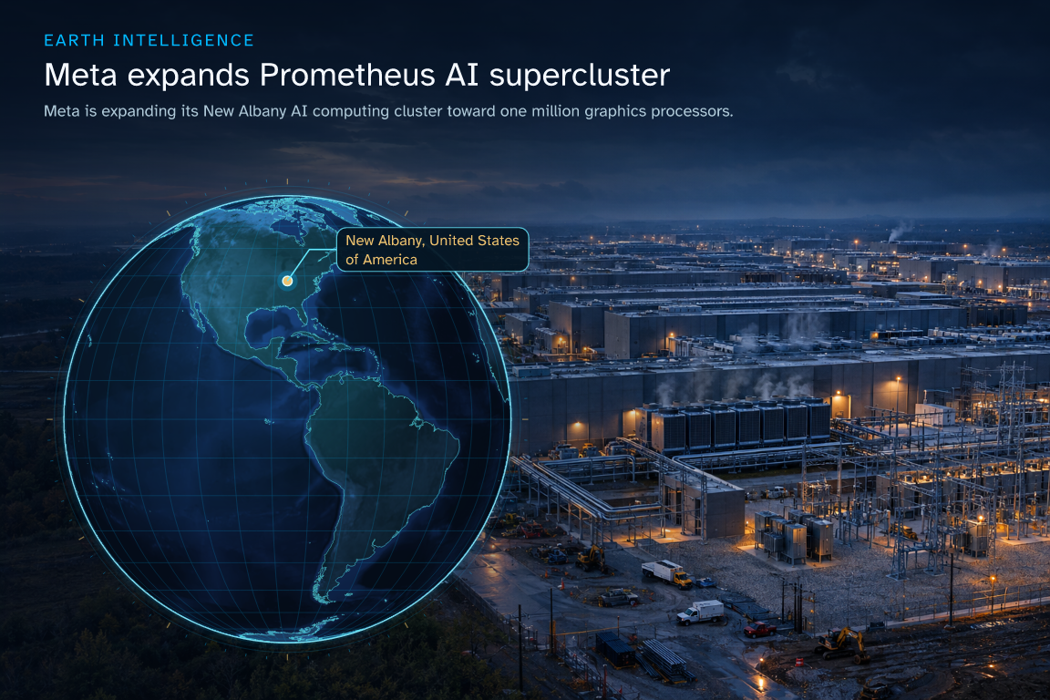 Meta is expanding its New Albany AI computing cluster toward one million graphics processors. · Geographic illustration: New Albany, United States of America · AI-generated event artwork