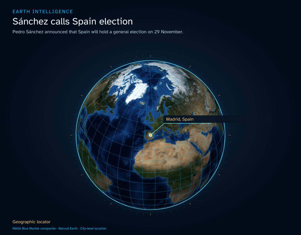 Pedro Sánchez announced that Spain will hold a general election on 29 November. · Geographic illustration: Madrid, Spain