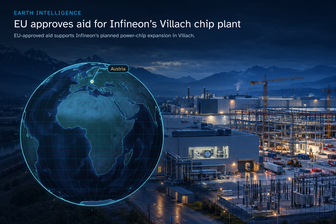 EU-approved aid supports Infineon’s planned power-chip expansion in Villach. · Geographic illustration: Austria · event location · AI-generated event artwork