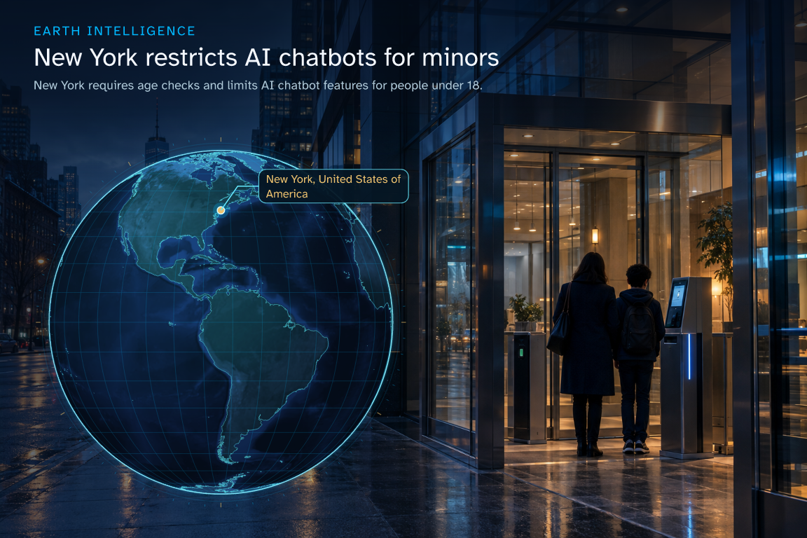 New York requires age checks and limits AI chatbot features for people under 18. · Geographic illustration: New York, United States of America · AI-generated event artwork