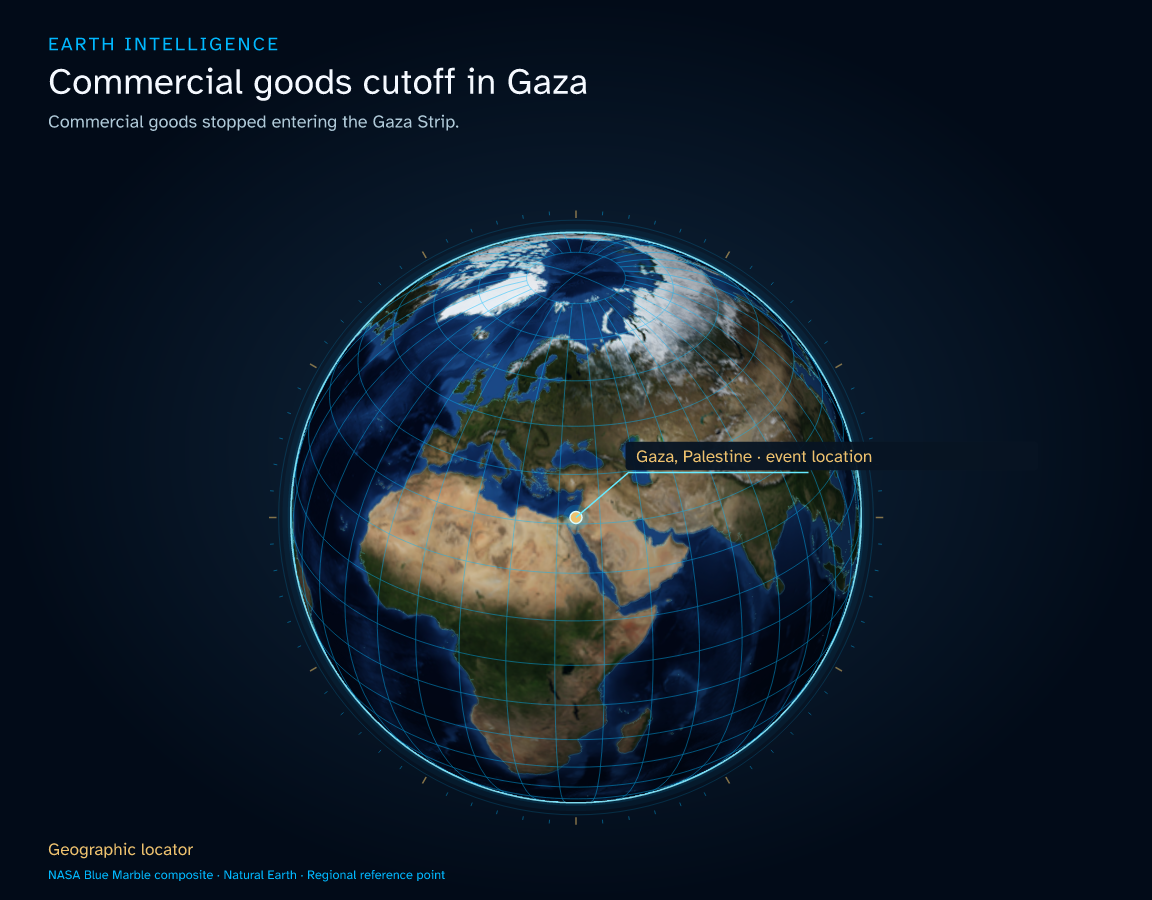 Commercial goods stopped entering the Gaza Strip. · Geographic illustration: Gaza, Palestine · event location