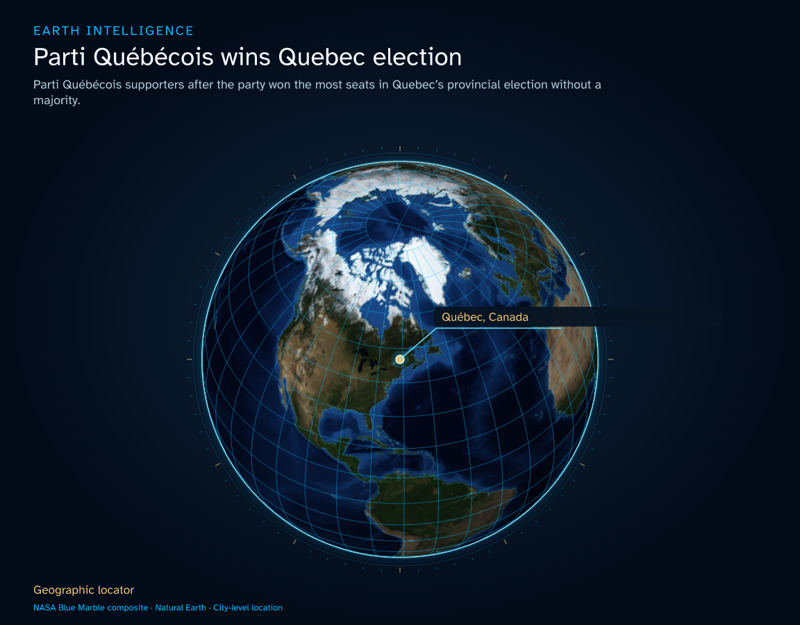 Parti Québécois supporters after the party won the most seats in Quebec’s provincial election without a majority. · Geographic illustration: Québec, Canada