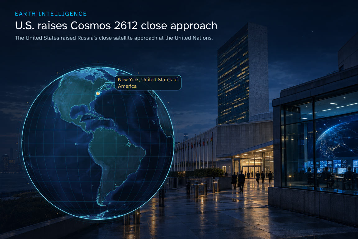 The United States raised Russia’s close satellite approach at the United Nations. · Geographic illustration: New York, United States of America · AI-generated event artwork