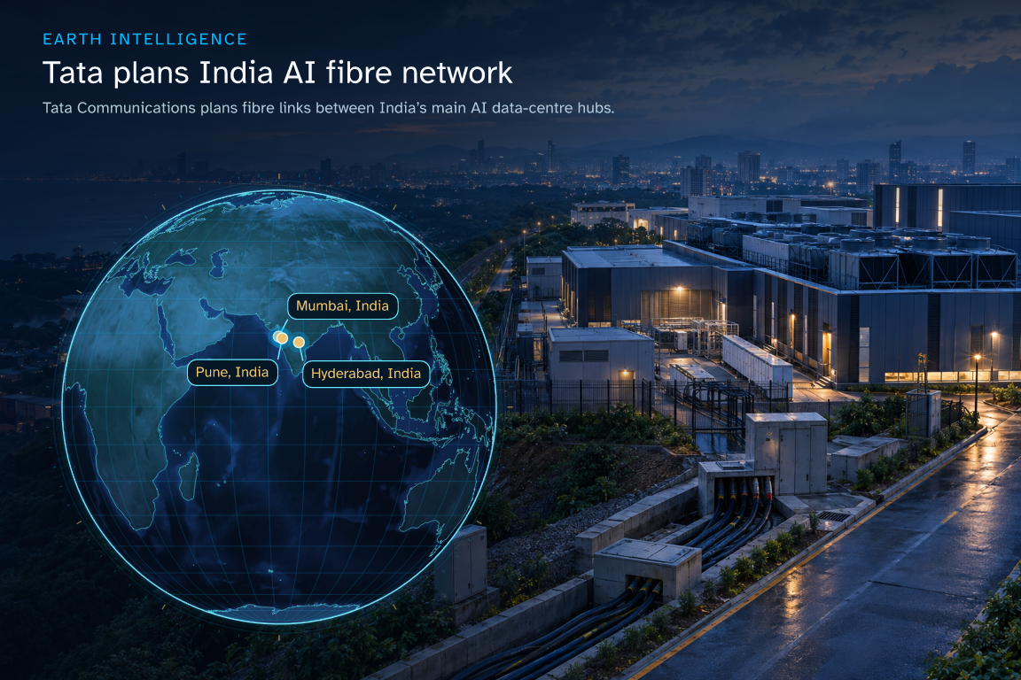 Tata Communications plans fibre links between India’s main AI data-centre hubs. · Geographic illustration: Mumbai, India; Pune, India; Hyderabad, India · AI-generated event artwork