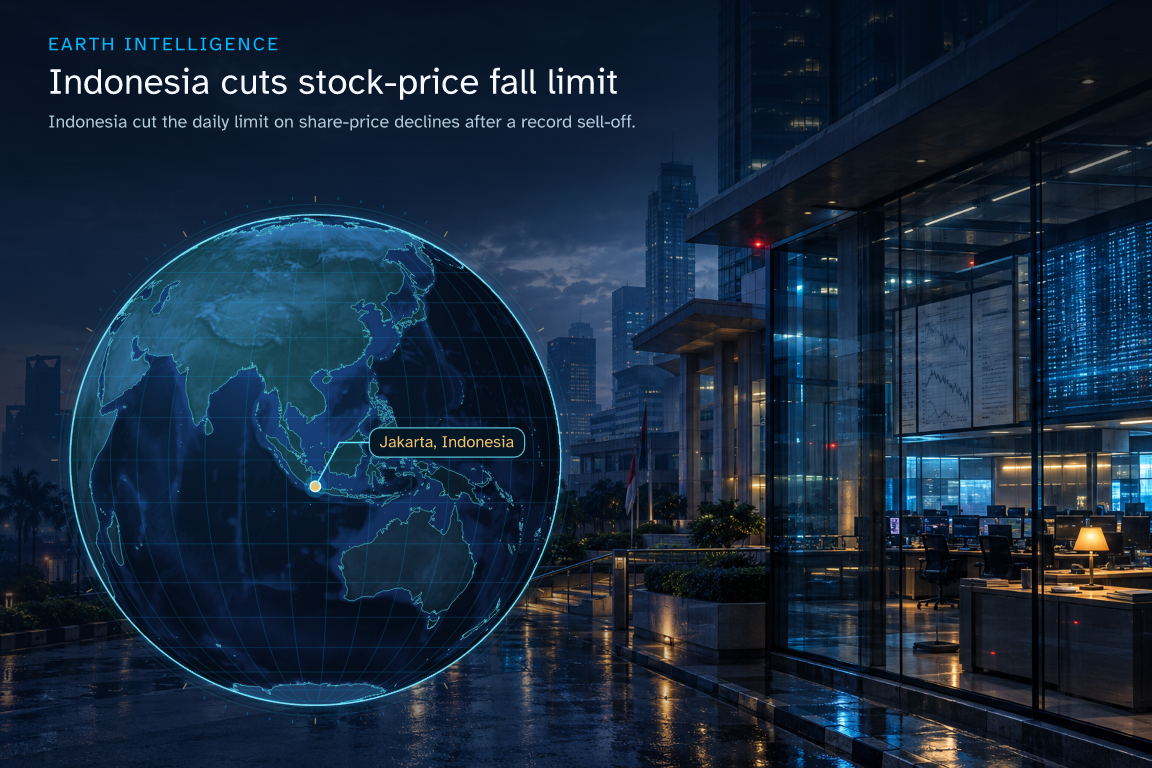 Indonesia cut the daily limit on share-price declines after a record sell-off. · Geographic illustration: Jakarta, Indonesia · AI-generated event artwork