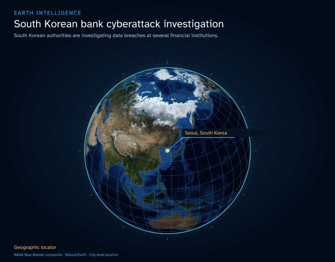 South Korean authorities are investigating data breaches at several financial institutions. · Geographic illustration: Seoul, South Korea