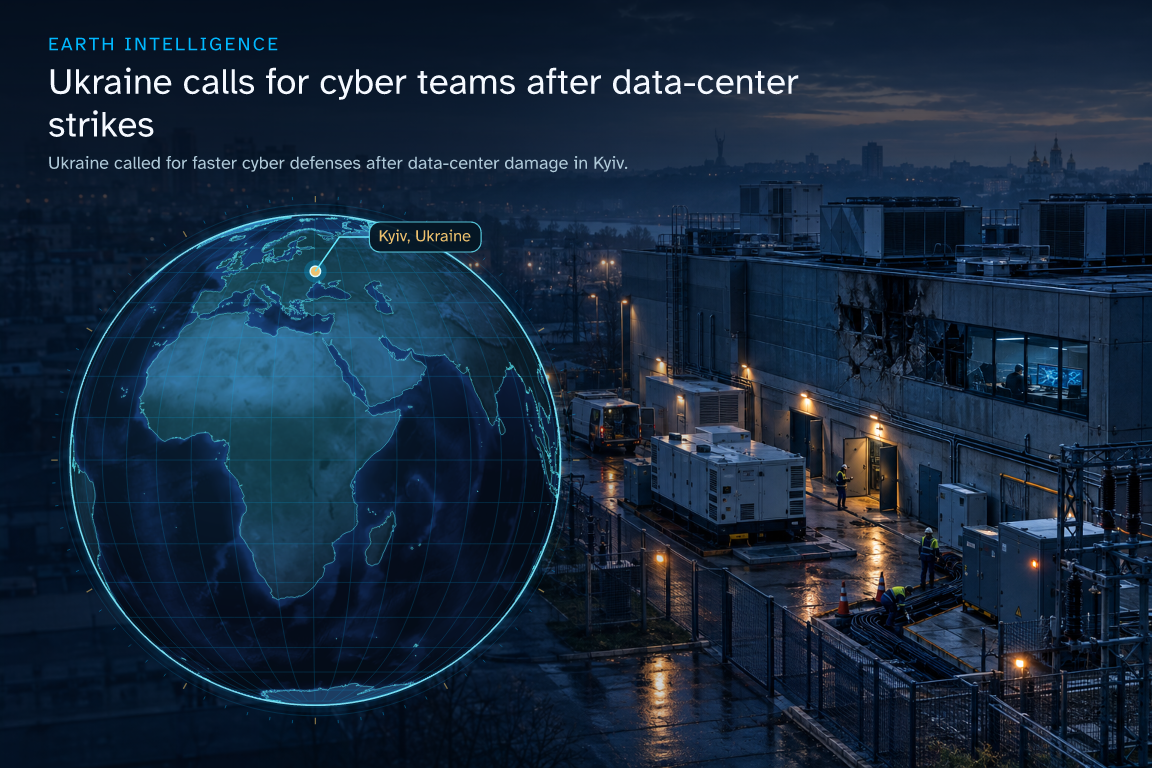 Ukraine called for faster cyber defenses after data-center damage in Kyiv. · Geographic illustration: Kyiv, Ukraine · AI-generated event artwork