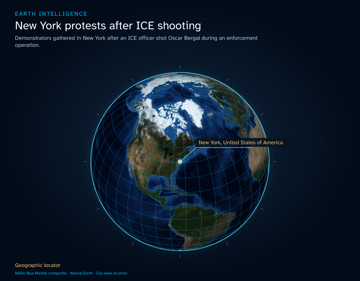 Demonstrators gathered in New York after an ICE officer shot Oscar Bergal during an enforcement operation. · Geographic illustration: New York, United States of America