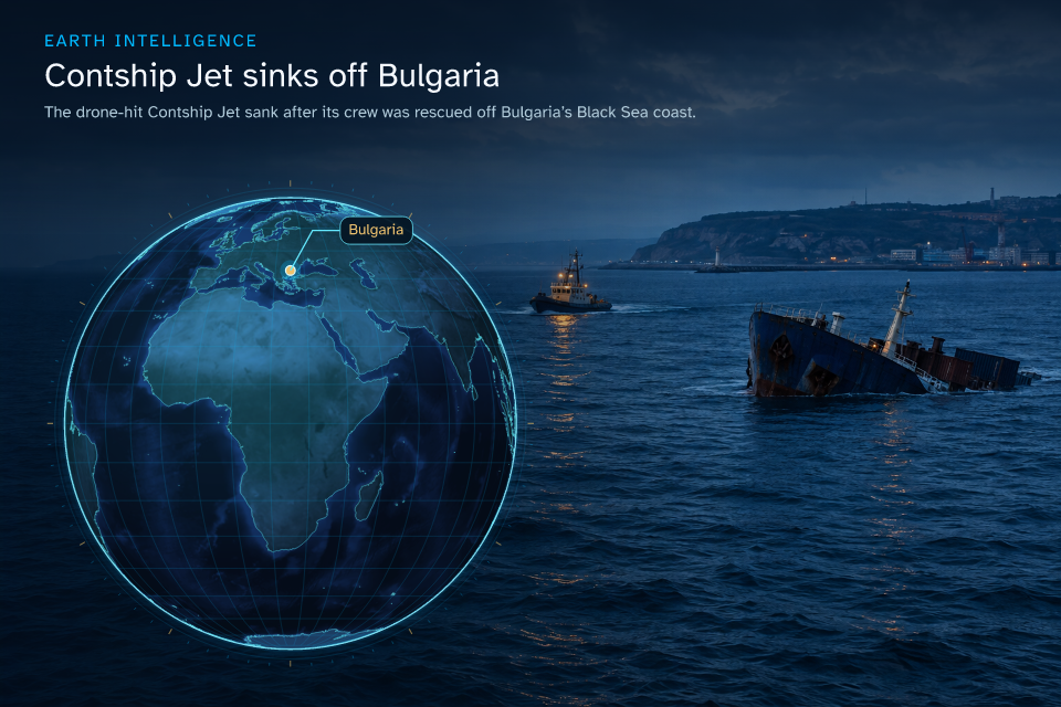 The drone-hit Contship Jet sank after its crew was rescued off Bulgaria’s Black Sea coast. · Geographic illustration: Bulgaria · event location · AI-generated event artwork