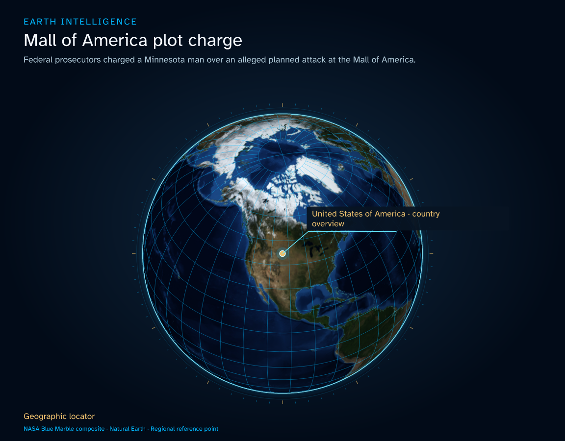 Federal prosecutors charged a Minnesota man over an alleged planned attack at the Mall of America. · Geographic illustration: United States of America · country overview
