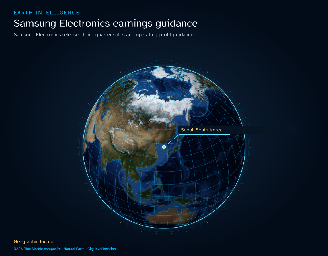 Samsung Electronics released third-quarter sales and operating-profit guidance. · Geographic illustration: Seoul, South Korea