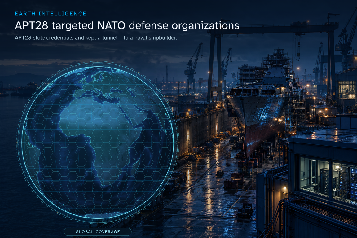 APT28 stole credentials and kept a tunnel into a naval shipbuilder. · Geographic illustration: Global overview · AI-generated event artwork