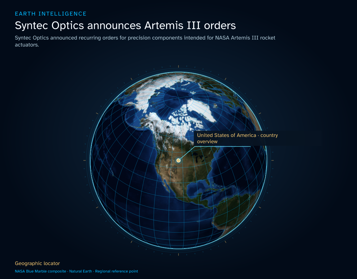 Syntec Optics announced recurring orders for precision components intended for NASA Artemis III rocket actuators. · Geographic illustration: United States of America · country overview