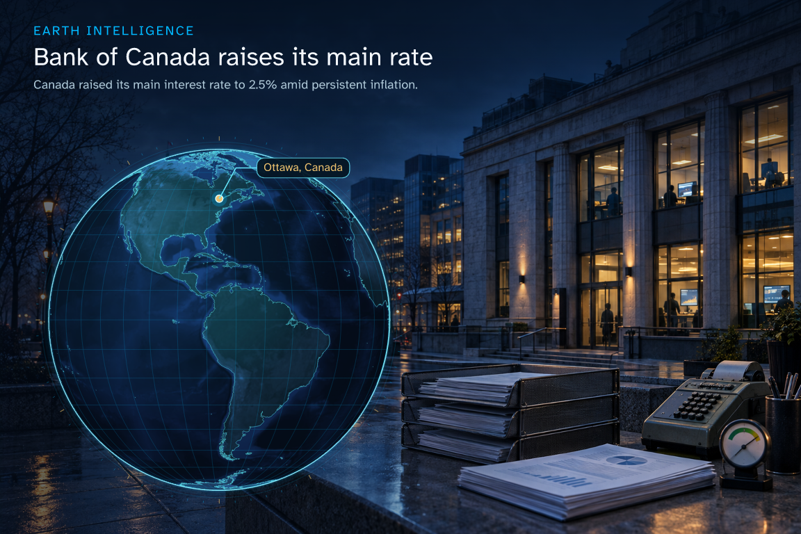 Canada raised its main interest rate to 2.5% amid persistent inflation. · Geographic illustration: Ottawa, Canada · AI-generated event artwork