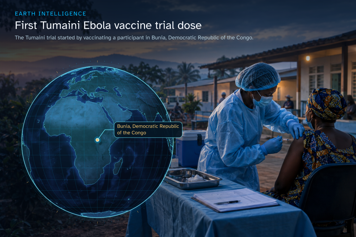 The Tumaini trial started by vaccinating a participant in Bunia, Democratic Republic of the Congo. · Geographic illustration: Bunia, Democratic Republic of the Congo · AI-generated event artwork