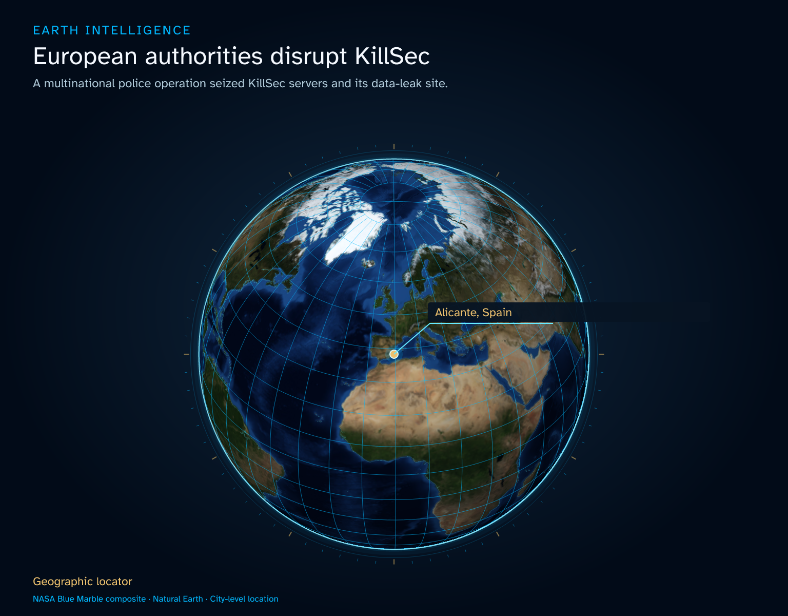A multinational police operation seized KillSec servers and its data-leak site. · Geographic illustration: Alicante, Spain