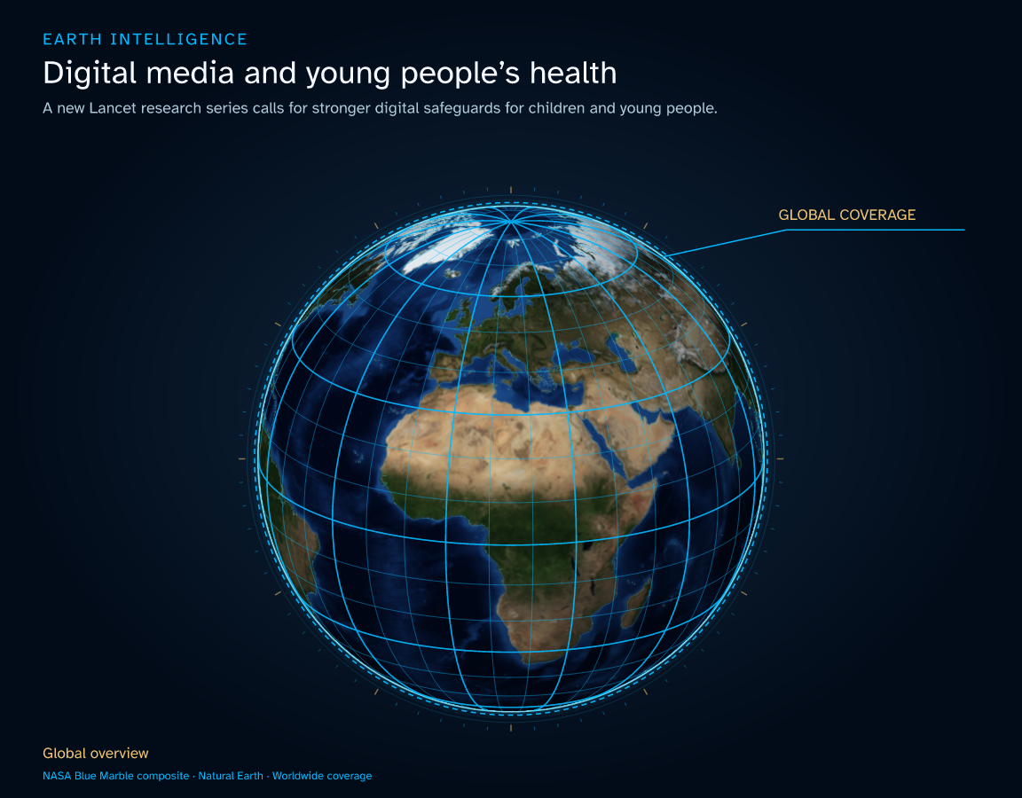 A new Lancet research series calls for stronger digital safeguards for children and young people. · Geographic illustration: Global overview