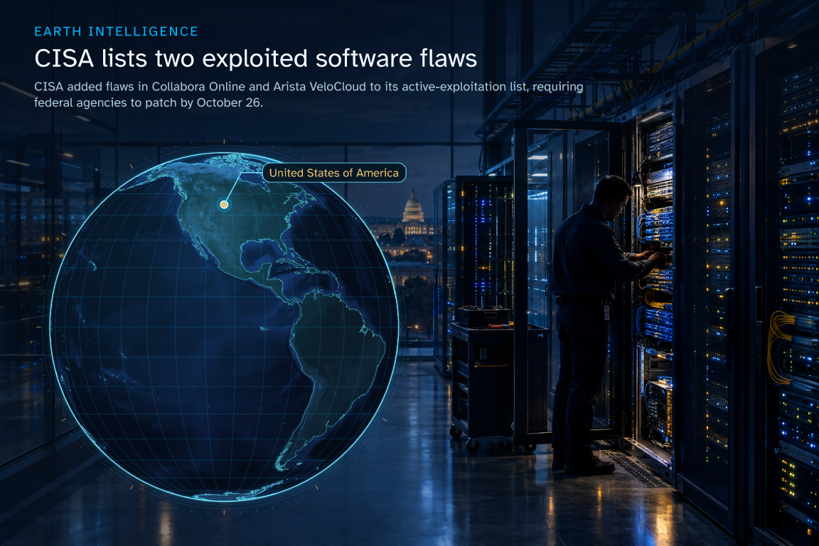 CISA added flaws in Collabora Online and Arista VeloCloud to its active-exploitation list, requiring federal agencies to patch by October 26. · Geographic illustration: United States of America · event location · AI-generated event artwork