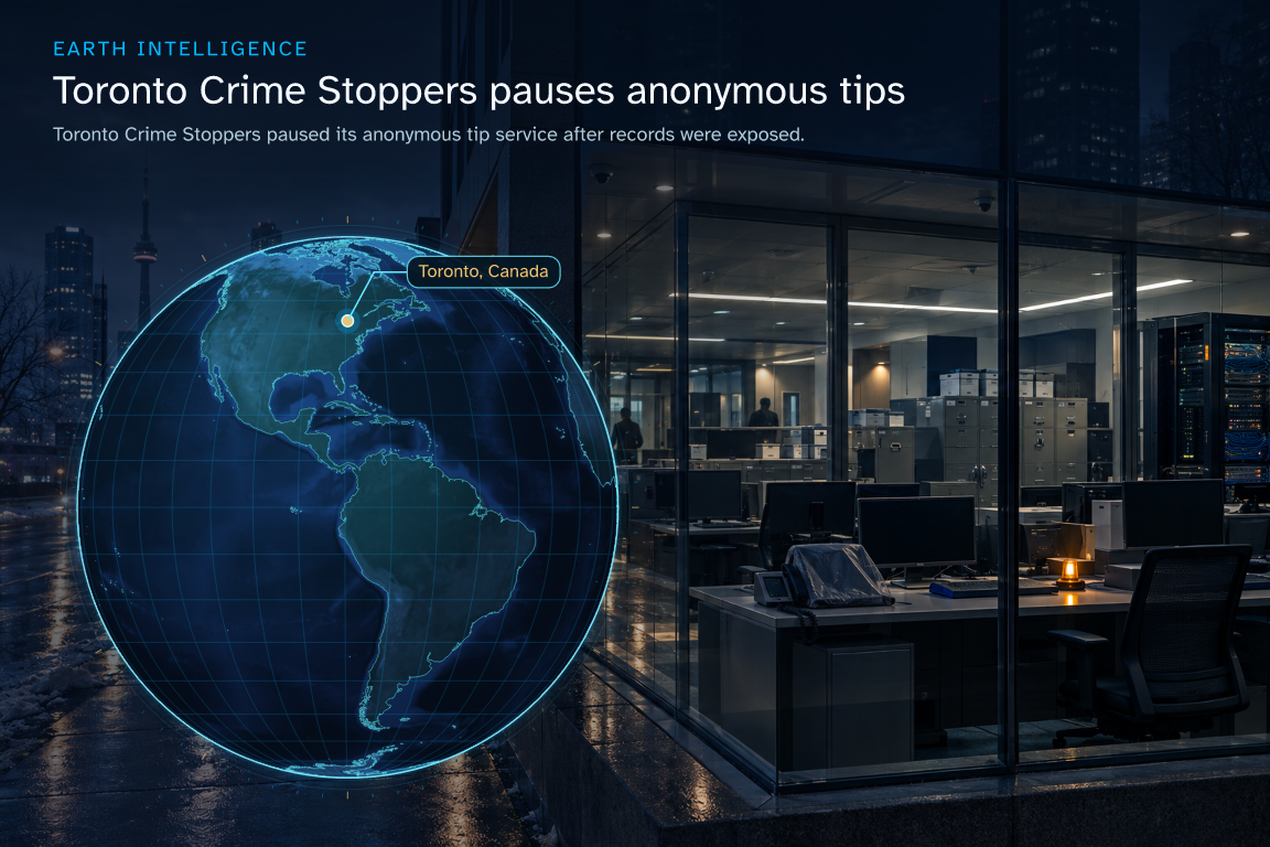 Toronto Crime Stoppers paused its anonymous tip service after records were exposed. · Geographic illustration: Toronto, Canada · AI-generated event artwork
