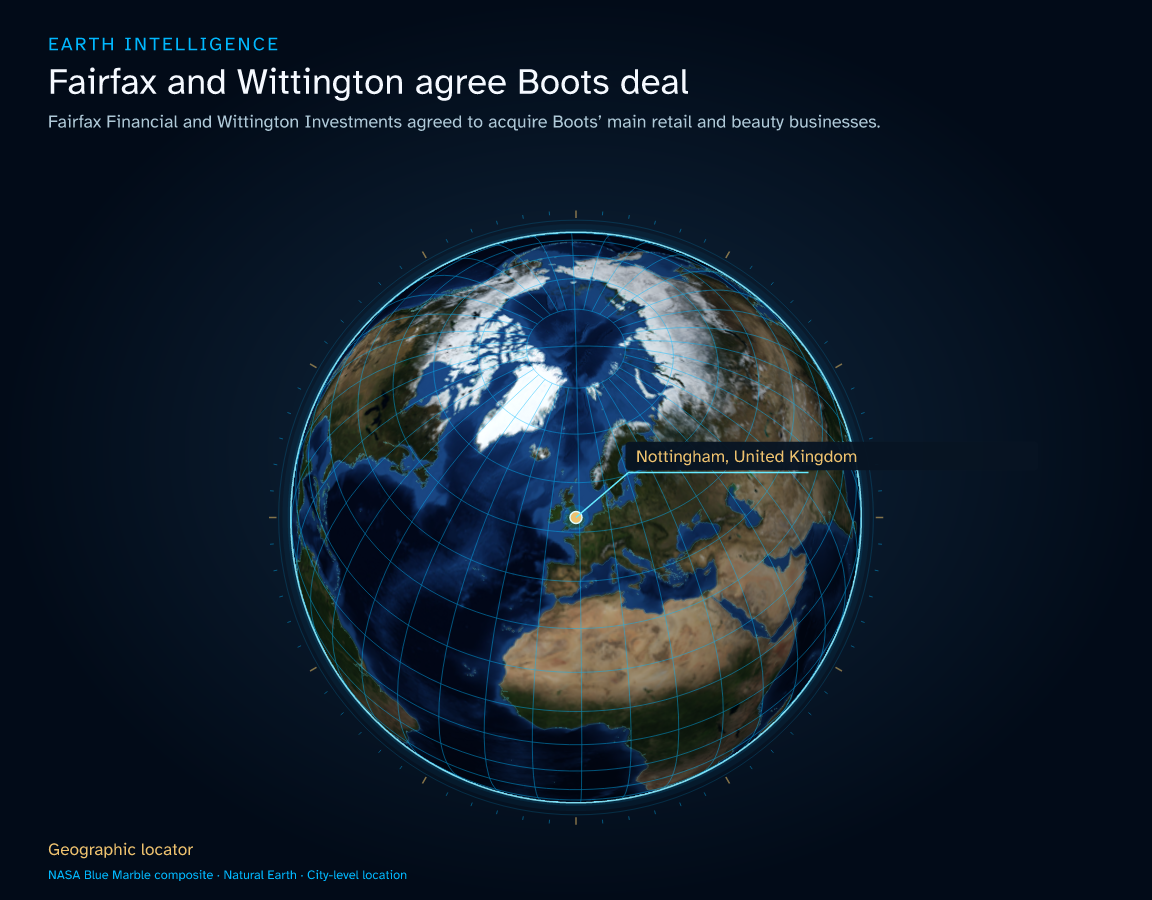 Fairfax Financial and Wittington Investments agreed to acquire Boots’ main retail and beauty businesses. · Geographic illustration: Nottingham, United Kingdom