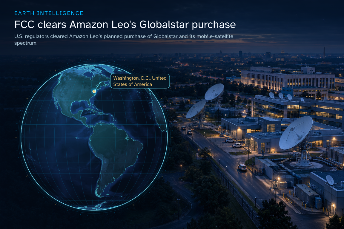U.S. regulators cleared Amazon Leo’s planned purchase of Globalstar and its mobile-satellite spectrum. · Geographic illustration: Washington,  D.C., United States of America · AI-generated event artwork