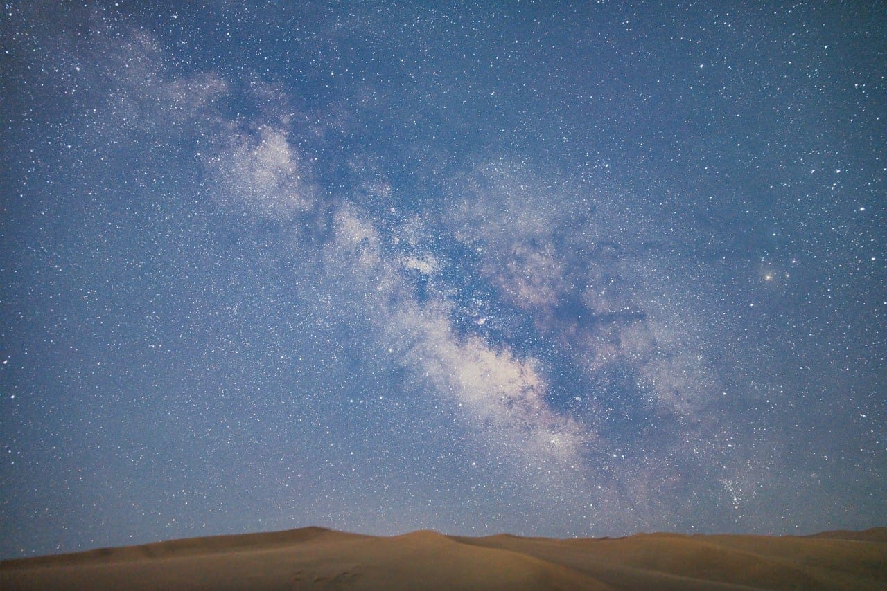 stars, milky way, night sky, star field, desert, sand dune, sunrise, cosmos, astronomy, space photography, galaxy, night photography, silence, nature, tranquility, purity, infinity, expanse, mysterious — photo from Pixabay