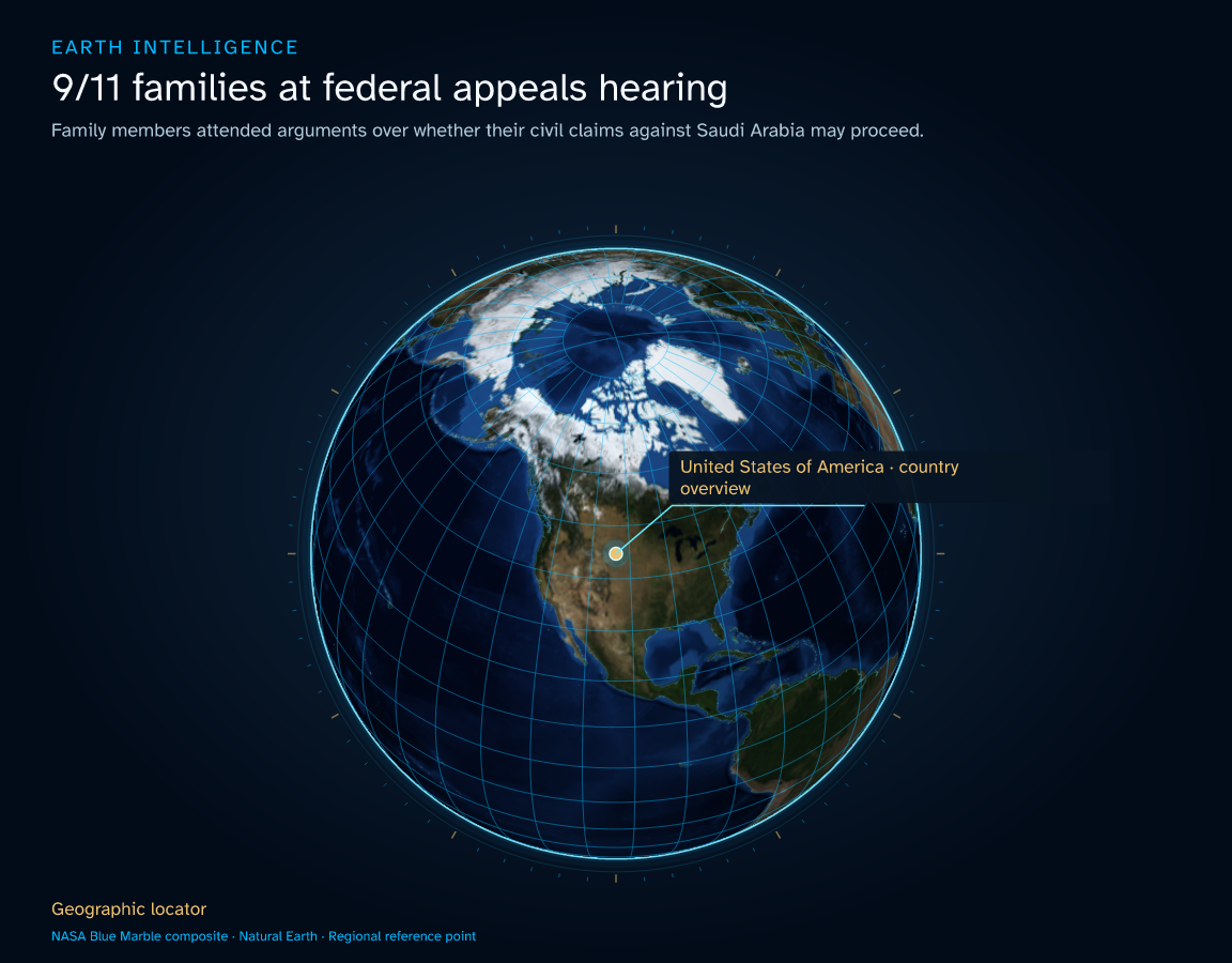 Family members attended arguments over whether their civil claims against Saudi Arabia may proceed. · Geographic illustration: United States of America · country overview