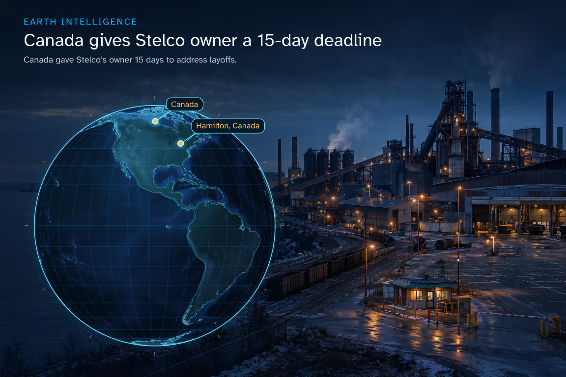 Canada gave Stelco’s owner 15 days to address layoffs. · Geographic illustration: Hamilton, Canada; Canada · event location · AI-generated event artwork