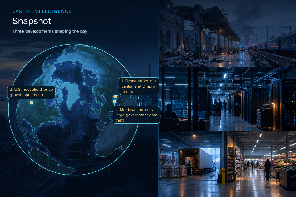 Three developments shaping the day · Geographic illustration: Dnipro, Ukraine; Moldova · event location; United States of America · event location · AI-generated event artwork