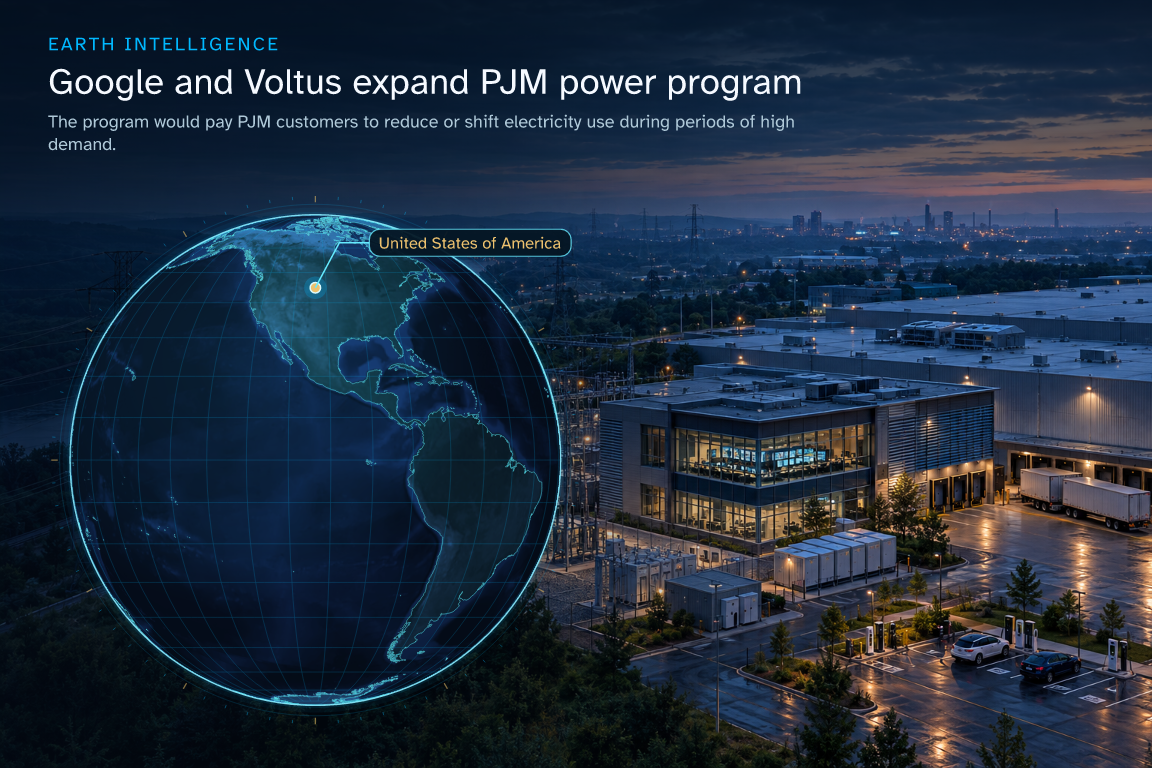 The program would pay PJM customers to reduce or shift electricity use during periods of high demand. · Geographic illustration: United States of America · event location · AI-generated event artwork
