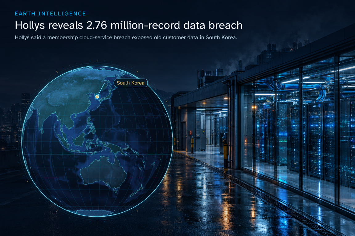 Hollys said a membership cloud-service breach exposed old customer data in South Korea. · Geographic illustration: South Korea · event location · AI-generated event artwork