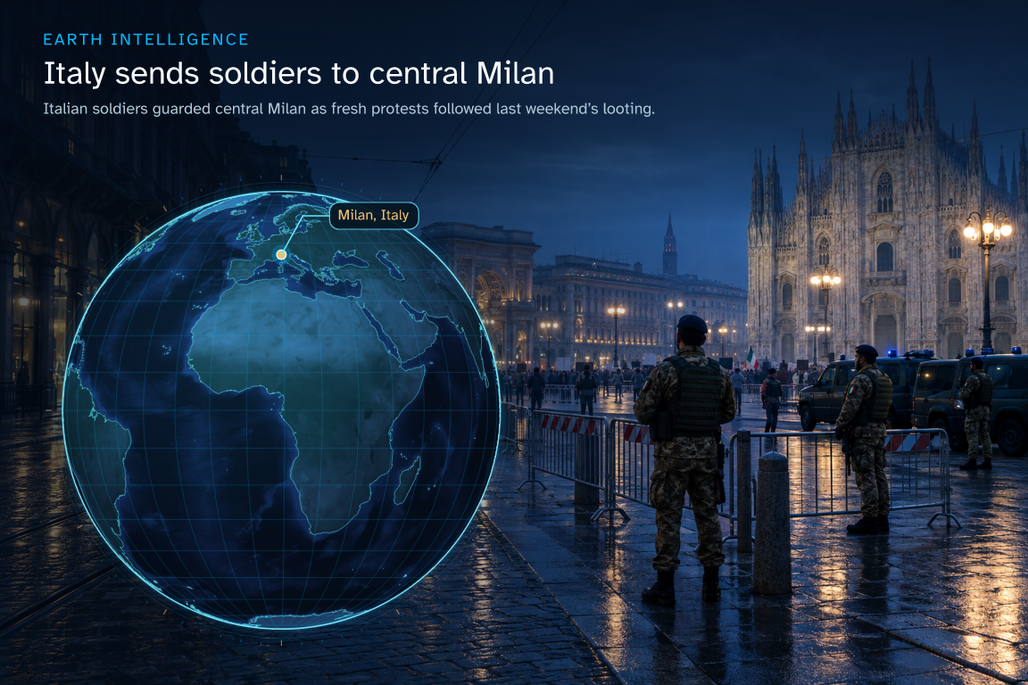 Italian soldiers guarded central Milan as fresh protests followed last weekend’s looting. · Geographic illustration: Milan, Italy · AI-generated event artwork