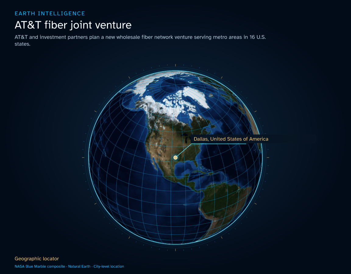 AT&T and investment partners plan a new wholesale fiber network venture serving metro areas in 16 U.S. states. · Geographic illustration: Dallas, United States of America
