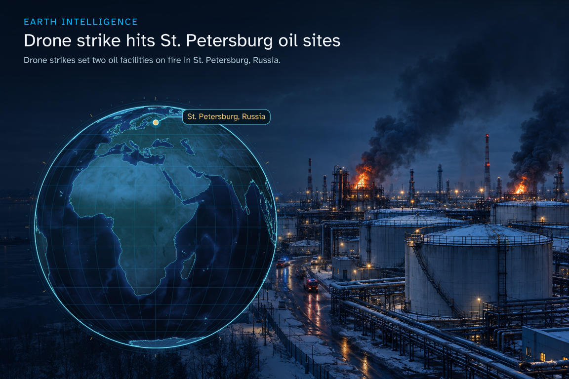 Drone strikes set two oil facilities on fire in St. Petersburg, Russia. · Geographic illustration: St.  Petersburg, Russia · AI-generated event artwork