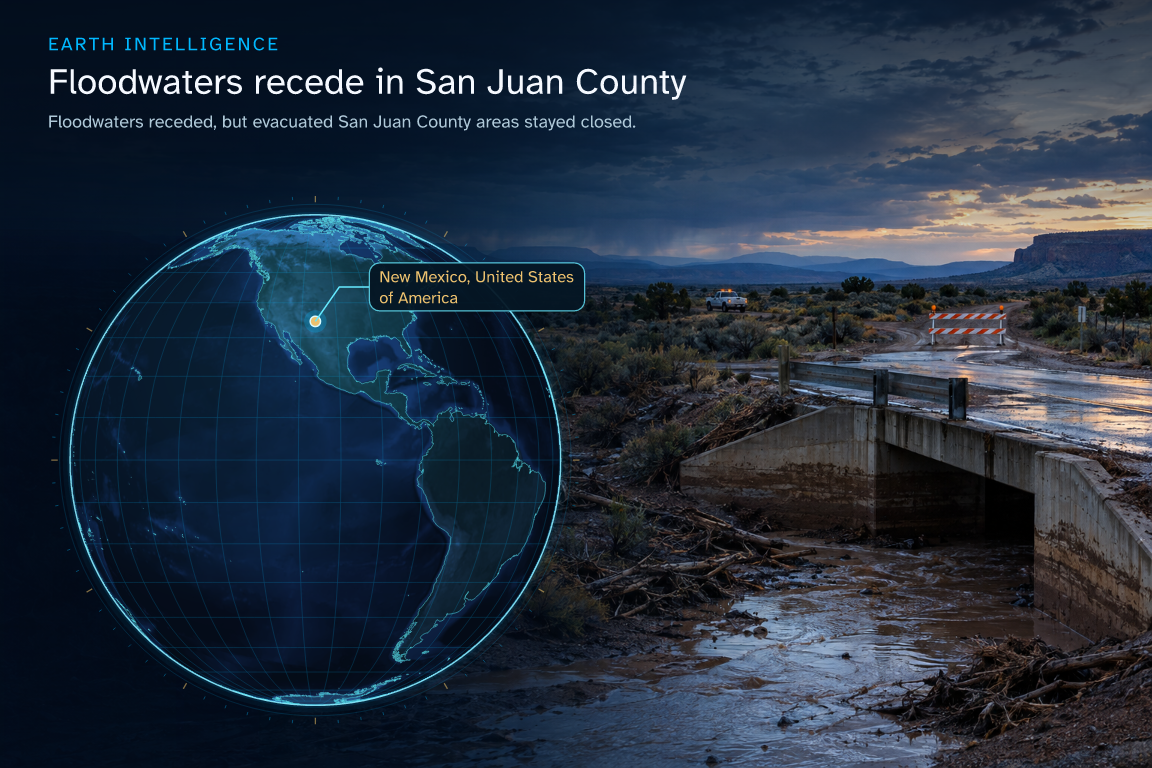 Floodwaters receded, but evacuated San Juan County areas stayed closed. · Geographic illustration: New Mexico, United States of America · event location · AI-generated event artwork