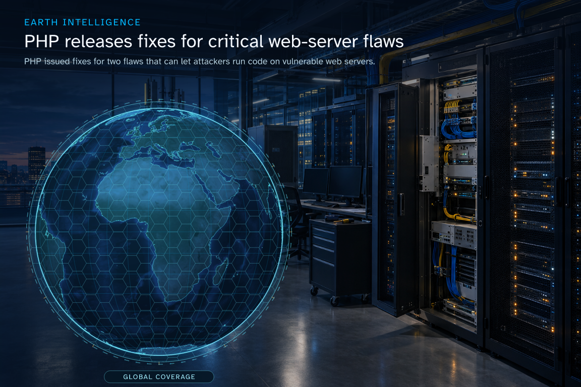 PHP issued fixes for two flaws that can let attackers run code on vulnerable web servers. · Geographic illustration: Global overview · AI-generated event artwork