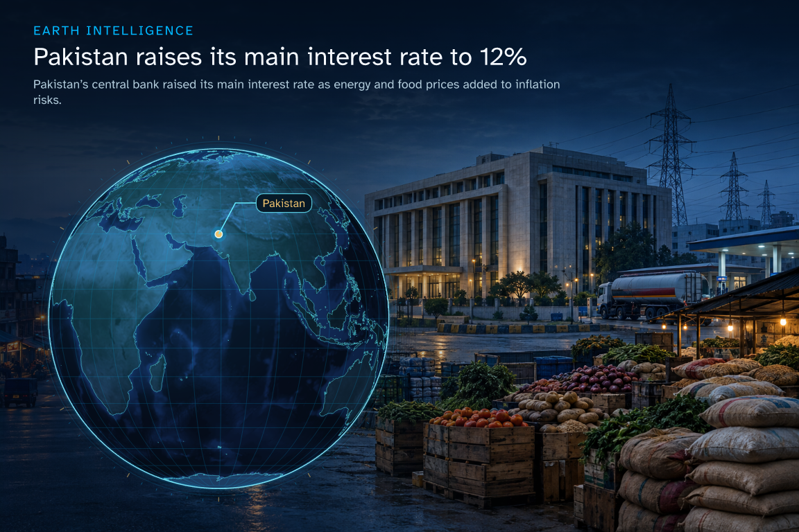 Pakistan’s central bank raised its main interest rate as energy and food prices added to inflation risks. · Geographic illustration: Pakistan · event location · AI-generated event artwork