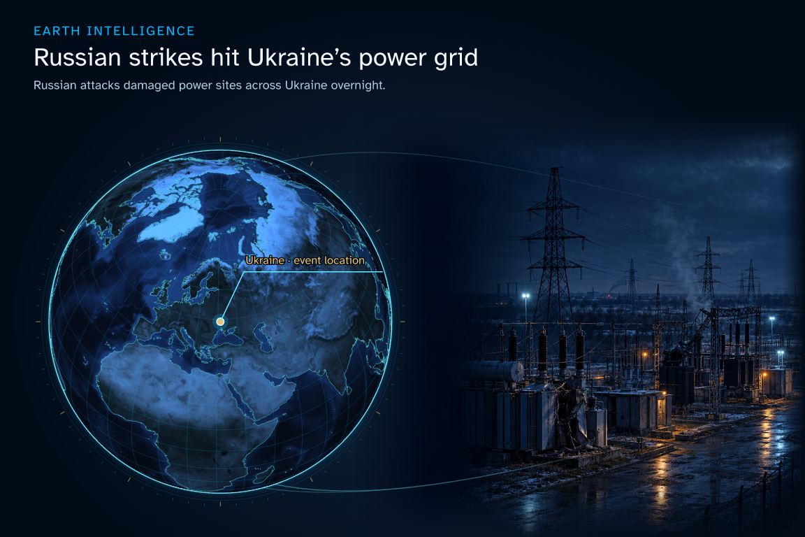 Russian attacks damaged power sites across Ukraine overnight. · Geographic illustration: Ukraine · event location · AI-generated event artwork