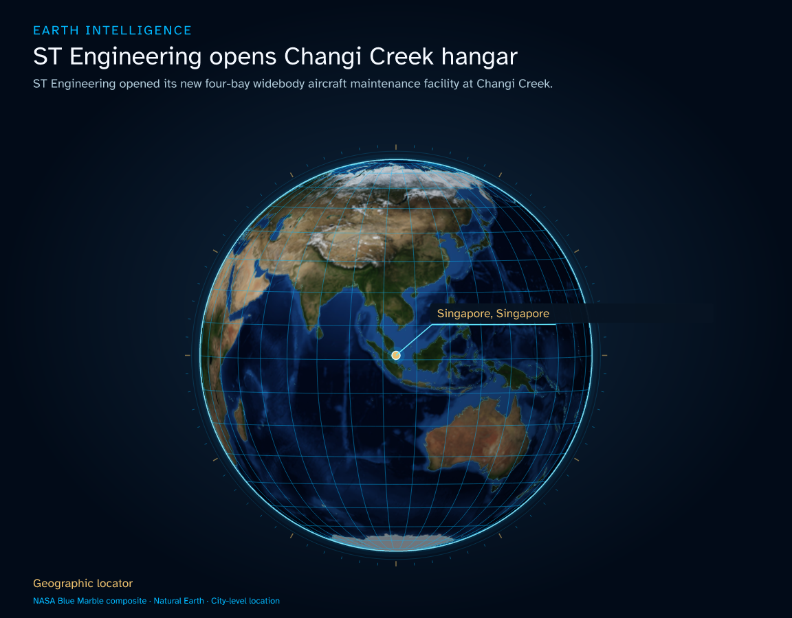 ST Engineering opened its new four-bay widebody aircraft maintenance facility at Changi Creek. · Geographic illustration: Singapore, Singapore