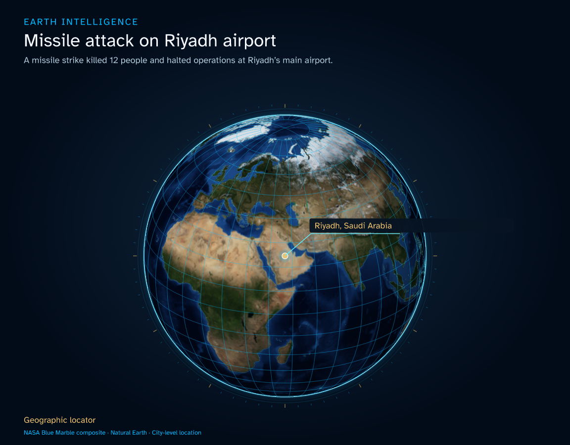 A missile strike killed 12 people and halted operations at Riyadh’s main airport. · Geographic illustration: Riyadh, Saudi Arabia