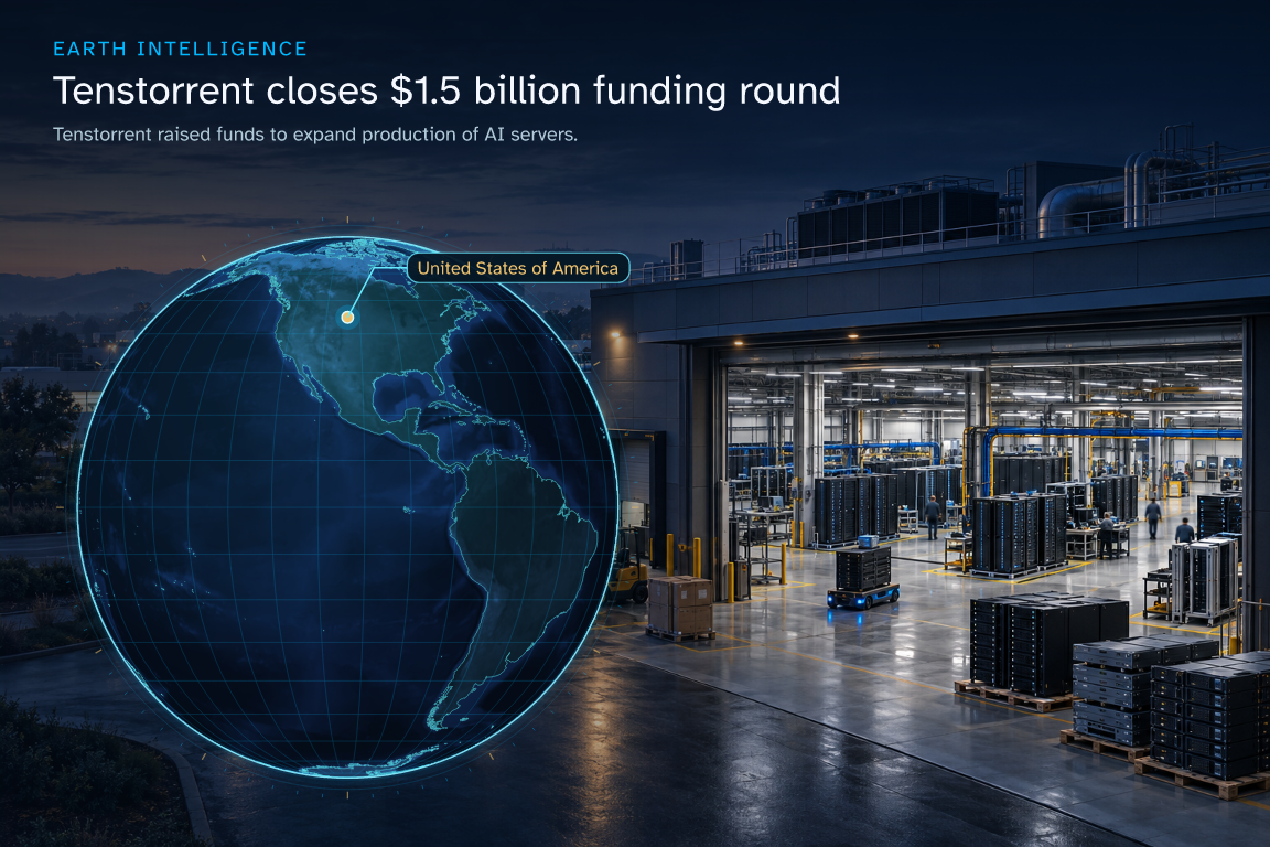 Tenstorrent raised funds to expand production of AI servers. · Geographic illustration: United States of America · event location · AI-generated event artwork