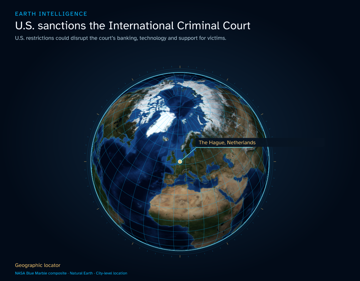 U.S. restrictions could disrupt the court’s banking, technology and support for victims. · Geographic illustration: The Hague, Netherlands
