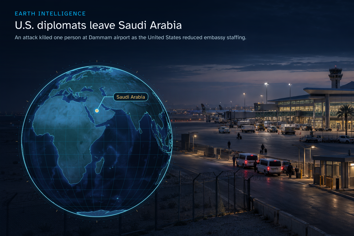 An attack killed one person at Dammam airport as the United States reduced embassy staffing. · Geographic illustration: Saudi Arabia · event location · AI-generated event artwork