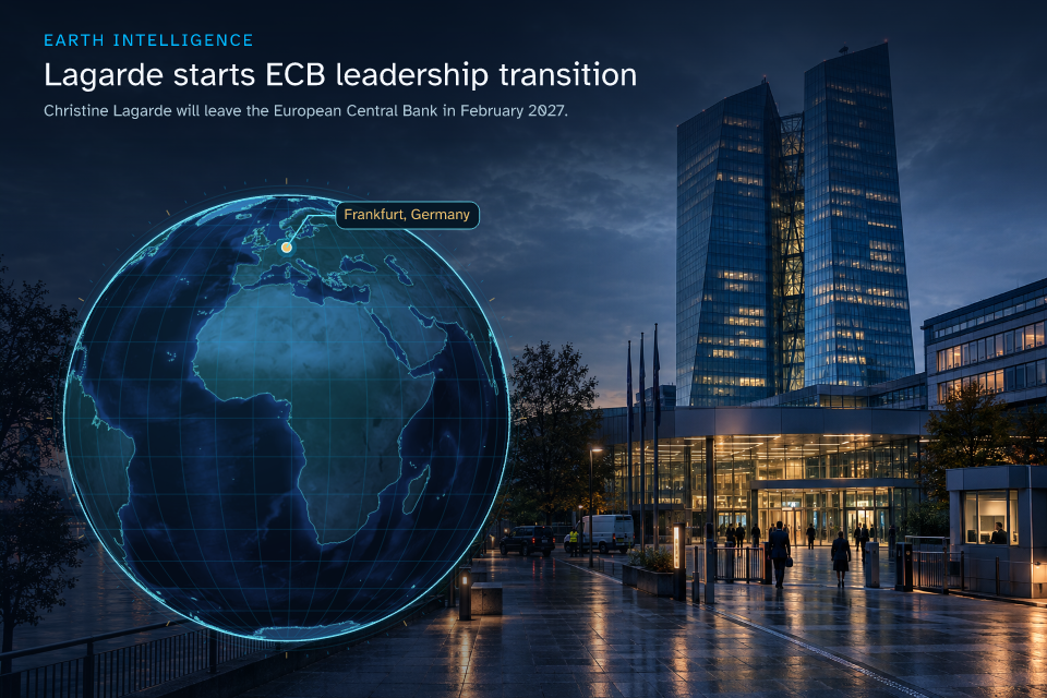 Christine Lagarde will leave the European Central Bank in February 2027. · Geographic illustration: Frankfurt, Germany · AI-generated event artwork