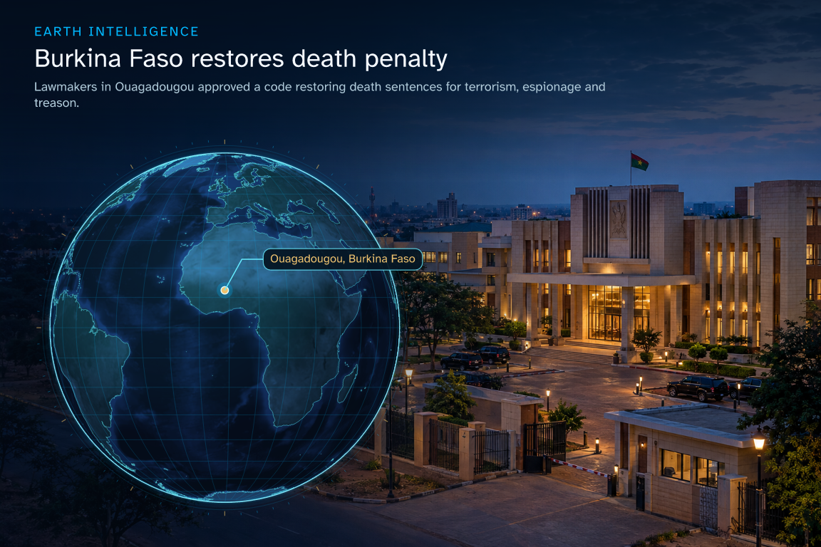 Lawmakers in Ouagadougou approved a code restoring death sentences for terrorism, espionage and treason. · Geographic illustration: Ouagadougou, Burkina Faso · AI-generated event artwork