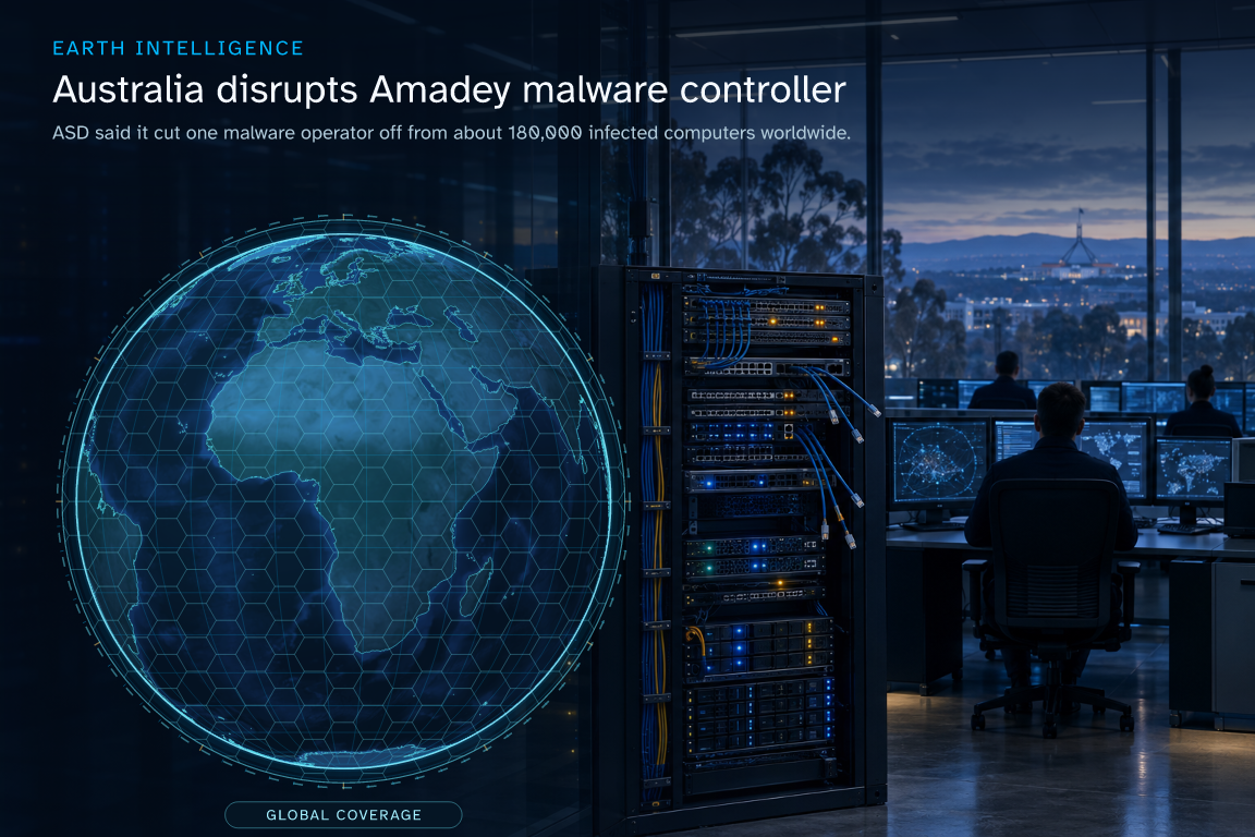 ASD said it cut one malware operator off from about 180,000 infected computers worldwide. · Geographic illustration: Global overview · AI-generated event artwork