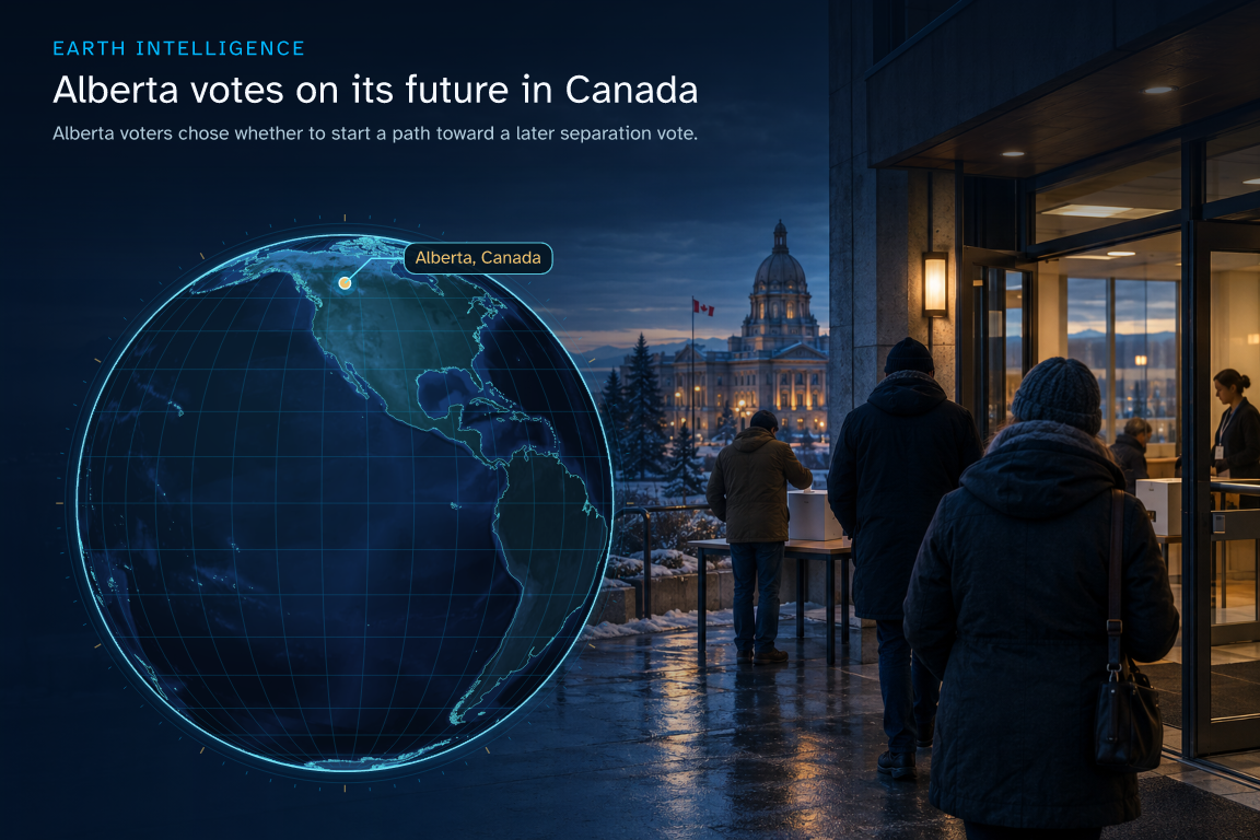 Alberta voters chose whether to start a path toward a later separation vote. · Geographic illustration: Alberta, Canada · event location · AI-generated event artwork