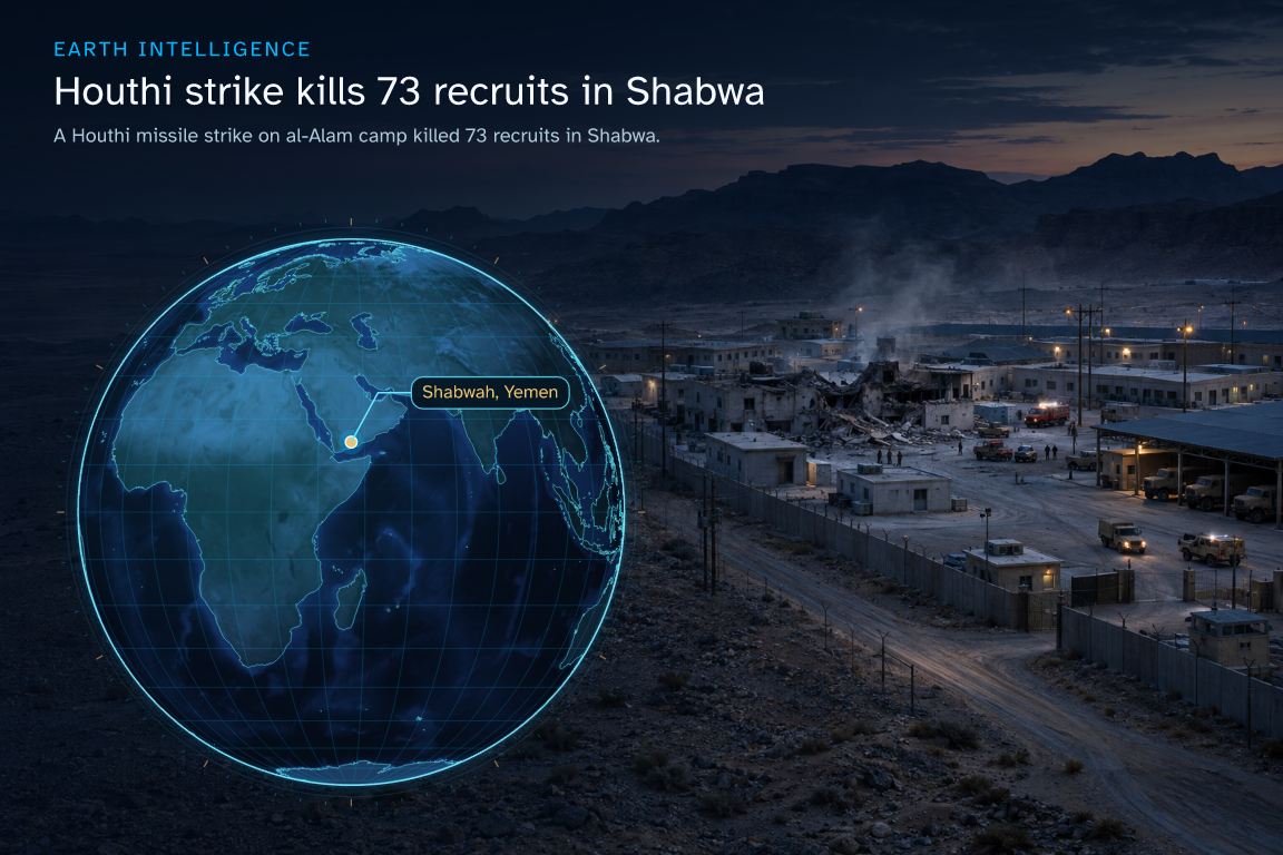 A Houthi missile strike on al-Alam camp killed 73 recruits in Shabwa. · Geographic illustration: Shabwah, Yemen · event location · AI-generated event artwork