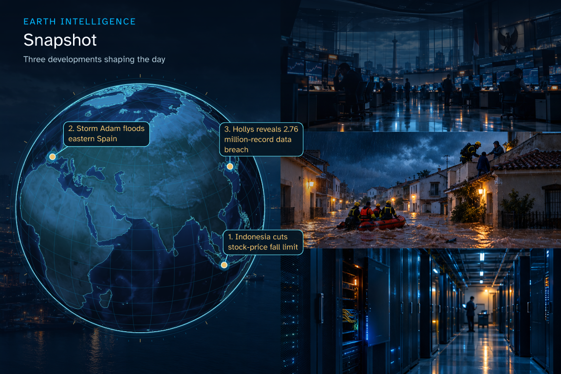 Three developments shaping the day · Geographic illustration: Jakarta, Indonesia; Spain · event location; South Korea · event location · AI-generated event artwork